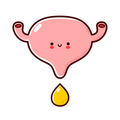 Cute happy funny human bladder organ character with urine drop. Vector flat line cartoon kawaii character illustration icon. Isolated on white background. Bladder with face character mascot concept - obrazy, fototapety, plakaty