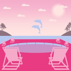 Resort pool with beach chairs and ocean view with jumping dolphins and palm trees on islands flat illustration 