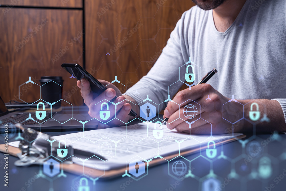 Poster a businessman in casual wear signing the contract to prevent probability of risks in cyber security.