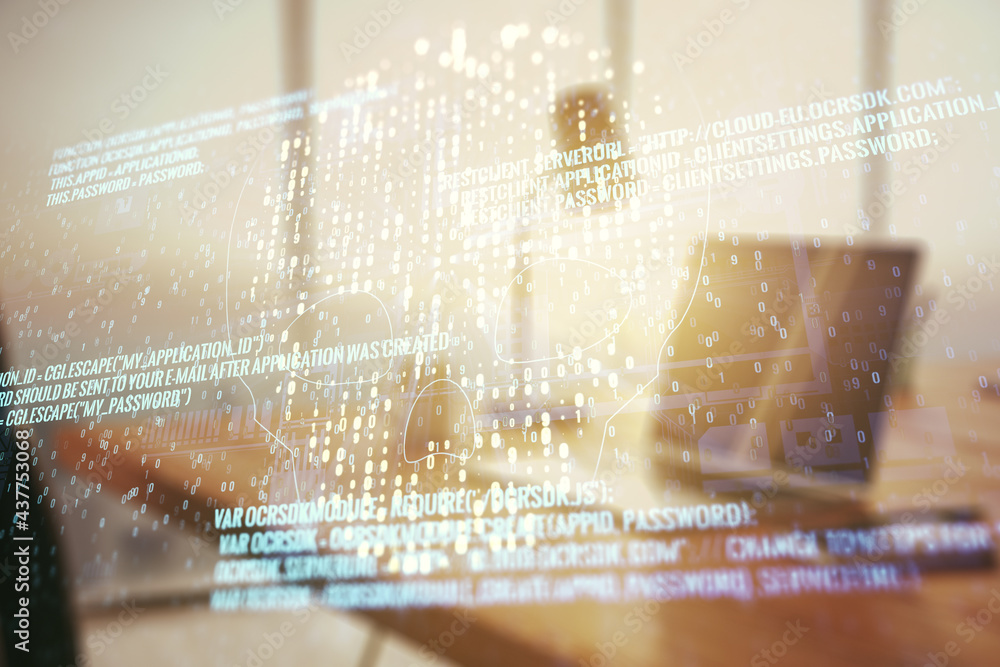 Poster creative code skull sketch on modern laptop background, theft of personal data and malware concept. 