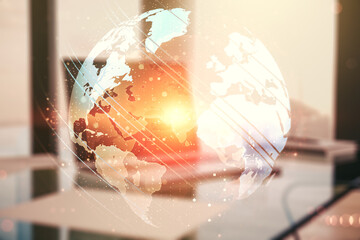 Double exposure of abstract digital world map on computer background, big data and blockchain concept