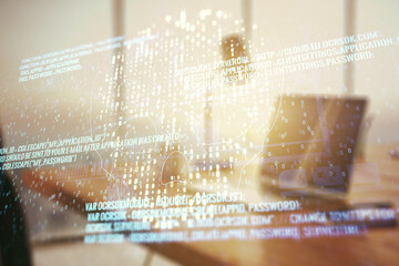 Creative code skull sketch on modern laptop background, theft of personal data and malware concept. Multiexposure