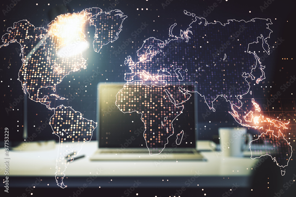 Fototapete double exposure of abstract digital world map on computer background, big data and blockchain concep
