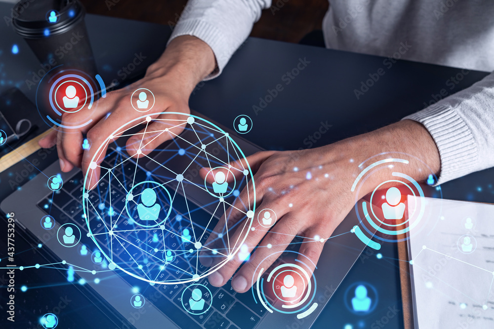 Poster hands of hr specialist is typing the keyboard in the internet to find the best candidates to create 
