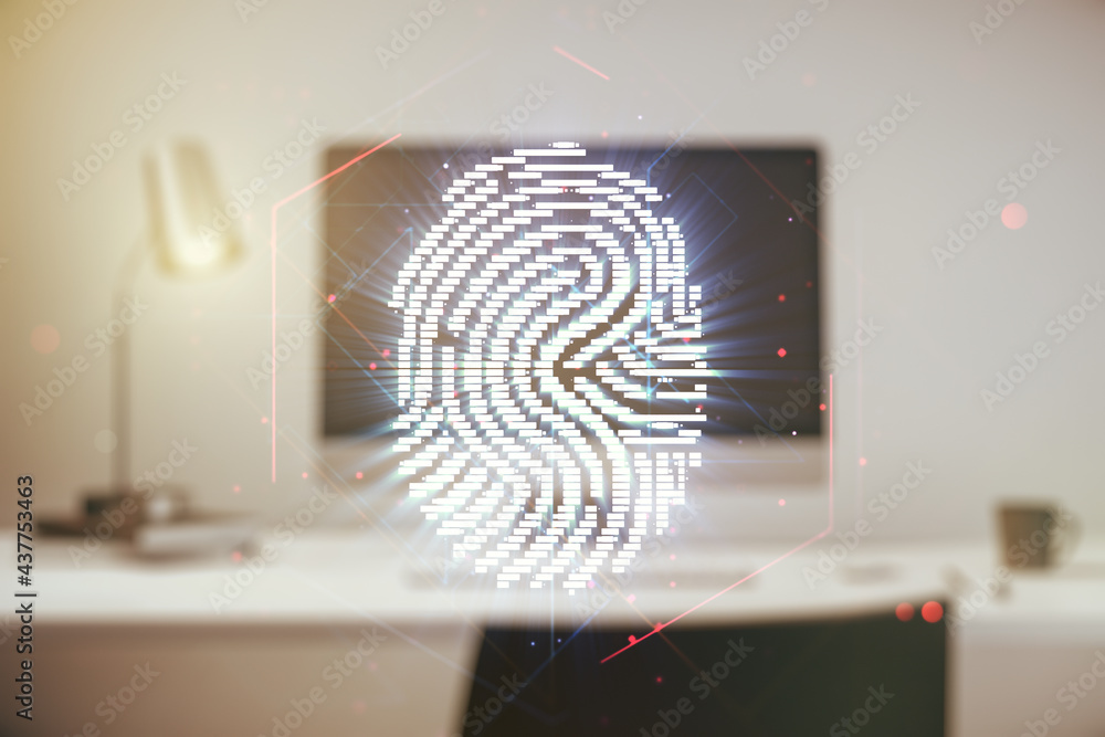 Poster multi exposure of abstract fingerprint scan interface on computer background, digital access concept