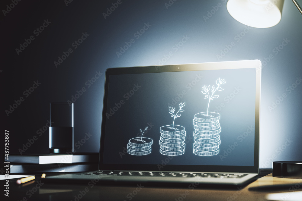 Poster modern computer monitor with cash savings hologram. development and achievement of goals concept. 3d