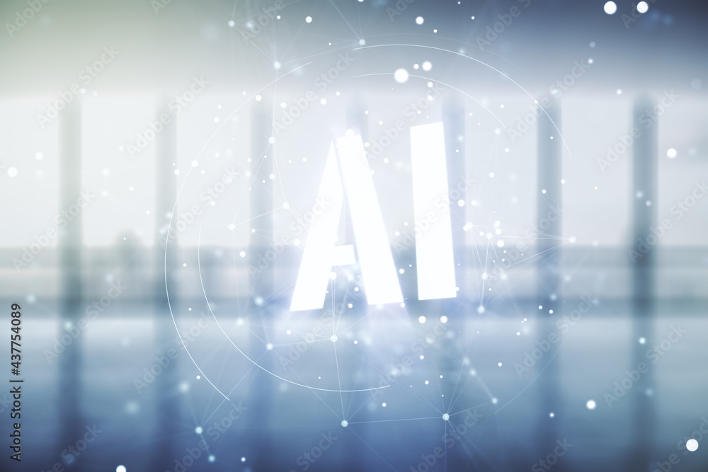 Poster abstract virtual artificial intelligence symbol hologram on empty corporate office background. multi