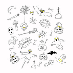 Obraz premium Halloween, set of icons in doodle style. Symbols, icons, attributes of the holiday. Vector drawings. Illustration with isolated background.