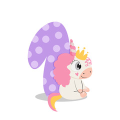 Unicorn birthday number one. Animal character. Vector illustration.