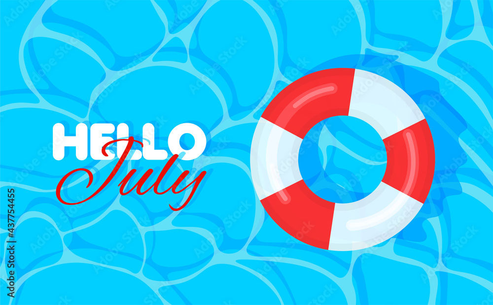 Wall mural Swimming pool summer background with red and white lifebuoy. Hello july concept. Pool party template banner. Float rings. Vector illustration in trendy flat style.