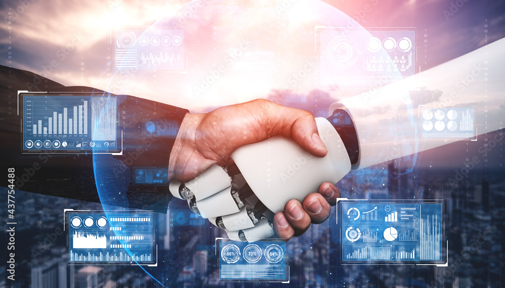 Poster 3d rendering humanoid robot handshake to collaborate future technology development by ai thinking br