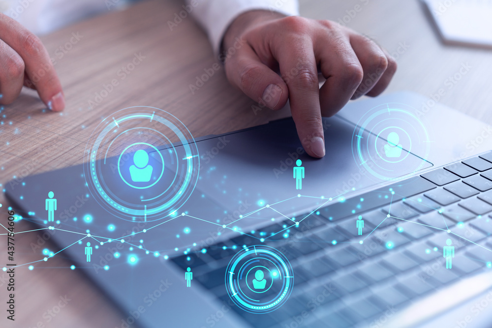 Poster hands of hr specialist is typing the keyboard in the internet to find the best candidates to create 