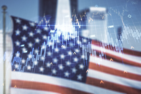 Multi exposure of virtual creative financial graph and world map on USA flag and blurry cityscape background, forex and investment concept - Powered by Adobe