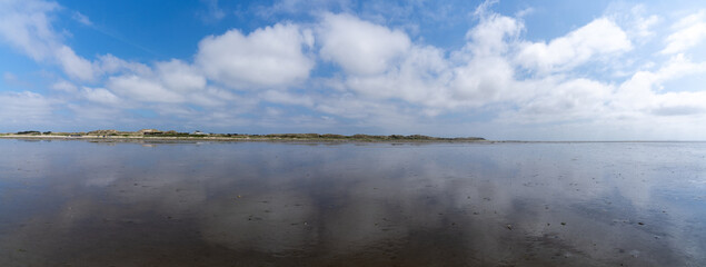 panorama view of Wadden Sea landscape with reflections in the shallow water