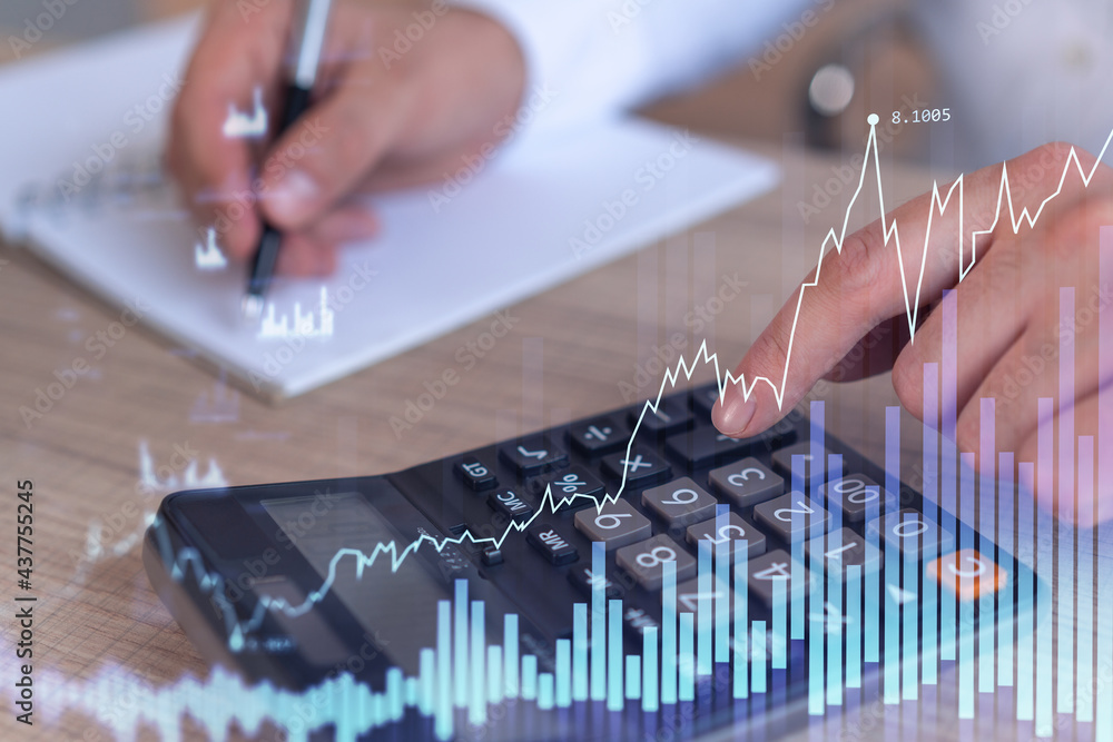 Poster a trader computing historic data to predict stock market behavior. internet trading concept. forex a