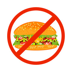 No fast food sign isolated on white background. Hamburger inside red banned sign. Fast food danger label. Unhealthy eating concept. No hamburger symbol. Stock vector illustration