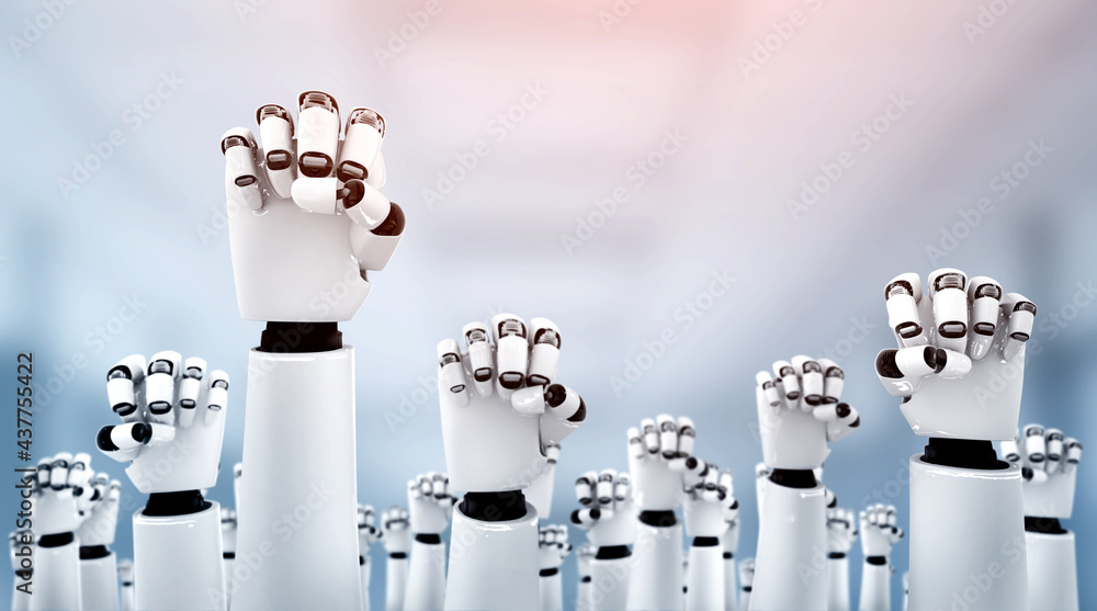 Poster robot humanoid hands up to celebrate success achieved by using ai artificial intelligence thinking a