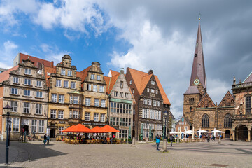 colorful old guild houses on the market square in the historic old city center of Bremen with the...