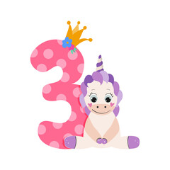 Unicorn birthday number three. Animal character. Vector illustration.
