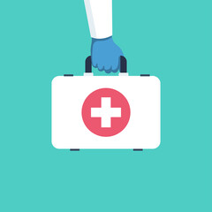 First aid kit flat icon. Doctor holds in hands. Template for medical ambulance. Medical background. Vector illustration catoon design.