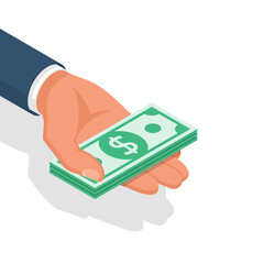 Money hold in hand. Dollars in the palm of a man. Giving cash showing, pay. Vector illustration isometric flat design.Isolated on background. Financial operations. currency exchange. Bundle of money.