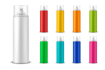 Vector 3d Realistic Aluminum Blank Spray Can, Bottle, Transparent Lid Set Isolated. Design Template, Sprayer Can, Mock up, Package, Advertising, Hairspray, Deodorant