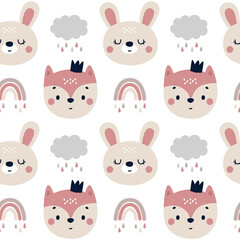 Cute kids vector seamless pattern with funny baby animals, fox and bunny, hare, rainbow, clouds, rain. Cartoon illustration for baby shower, nursery room decor, children design