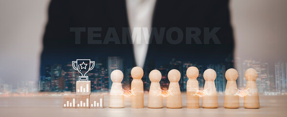 Teamwork and thinking, creative concept,  Wooden Human resources office looking for a leader and CEO concept with  word '' TEAMWORK'' on the wood cubes on the table, Champions podium mockup,