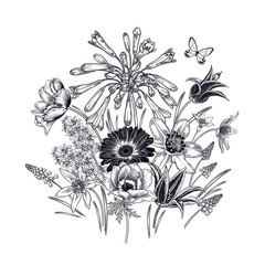 Frühlingsdekoration. Blumenstrauß aus luxuriösen blühenden Blumen und Schmetterlingen. © marinavorona