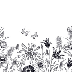 Frühlingshintergrund. Blumenmuster. Vektor. Vintage-Karte. © marinavorona