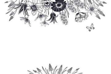 Frühlingsdekoration. Girlande aus luxuriösen blühenden Blumen und Schmetterlingen. © marinavorona