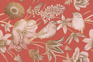 Frühlingsnahtloses Muster. Schöne Blumen und süße Vögel. Jahrgang. Rosa und Gold. Vektor © marinavorona