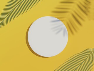 3d render top view of white blank cylinder frame for mock up and display products with summer beach scene and shadow of palm leaves. Summer time season background.