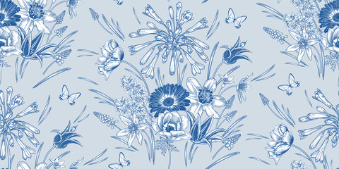 Nahtloses Muster der Frühlings-Weinlese. Blumen und Schmetterlinge. Blau und weiß © marinavorona