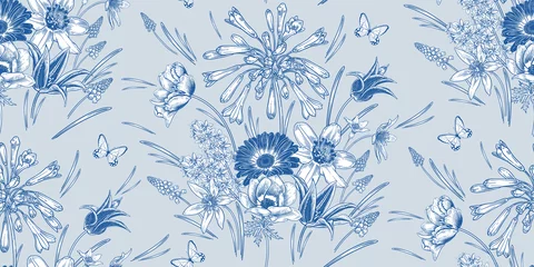Nahtloses Muster der Frühlings-Weinlese. Blumen und Schmetterlinge. Blau und weiß © marinavorona