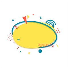Yellow oval and blue frame in paper cut style. Memphis art banner with geometric shapes. Outline sticker with place for promotion text, price tag, sale ad. Vector card on yellow background.