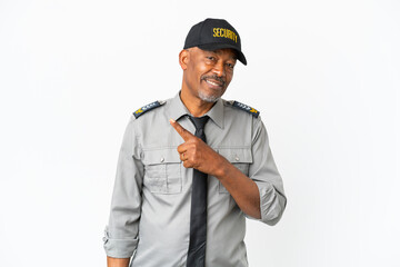 Senior staff man isolated on white background pointing to the side to present a product