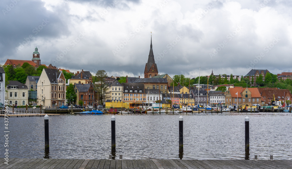 Sticker view of the harbor front of the old town in the city of Flensburg