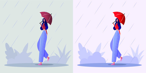 Smiling young woman walking with umbrella in rain. Concept of a good mood negative mood in all situations. Colorful vector illustration