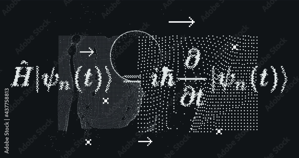 Poster Erwin Schroedinger's (or Schroedinger) linear partial differential equation that describes the quantum superposition state. Conceptual illustration of the particle field in pixel art style.