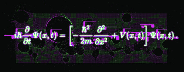 Erwin Schroedinger's (or Schroedinger) linear partial differential equation that describes the quantum superposition state. Conceptual illustration of the particle field in pixel art style. - obrazy, fototapety, plakaty