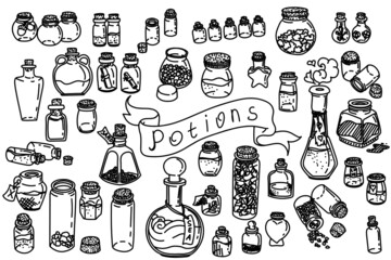 potions, alchimia, witch, bottles, cans, magic, doodle, icon, set, drawing, hand, illustration, hand drawn, symbol, business, pattern, design, sketch, music, art, icons, sign, doodles, cartoon, drawn