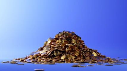 3d render, heap or pile of golden coins with the bitcoin symbol, isolated on blue background