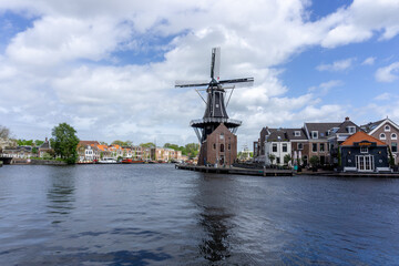 view of the Dee Adrian Windmill and Binnen Spaarne River in Haarlem