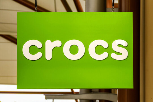 Seattle, Washington State, USA - June 2018: Close up view of a sign outside the Crocs factory store near Seattle.