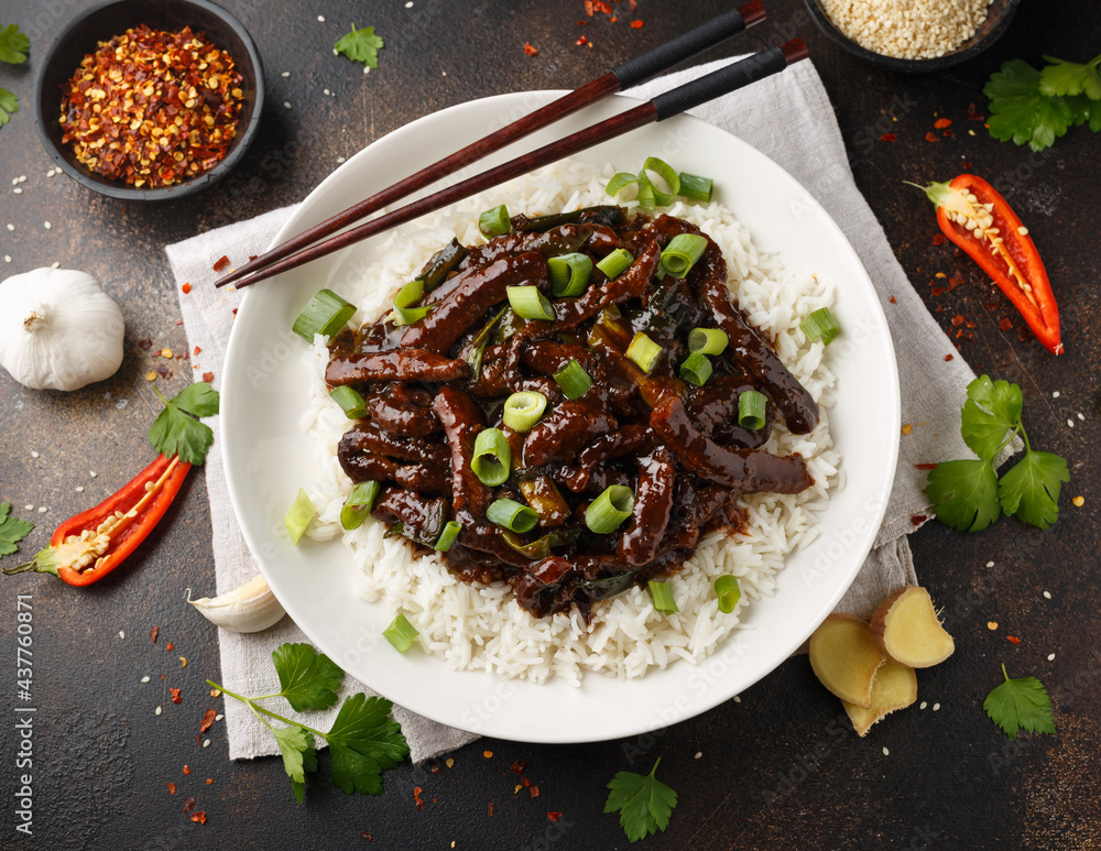 Wall mural mongolian beef stewed in dark soy sauce with spices. asian style food