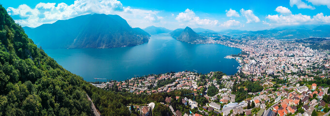 Lugano city aerial panoramic view