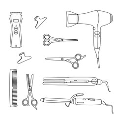 A hand drawn set of doodle hairdressing tools.Sketch, line of hair salon accessories, scissors, hair dryer, combs, clips, curling iron,hair clipper.Vector for the design of business cards and logo.