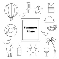 summer doodles set vector illustration line art