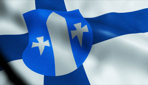3D Waving Finland City Flag of Pyhajarvi Closeup View